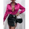 imageMakeMeChic Womens Satin Silk Long Sleeve Blouse Button Down Shirt Casual TopHot Pink
