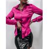 imageMakeMeChic Womens Satin Silk Long Sleeve Blouse Button Down Shirt Casual TopHot Pink