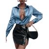 imageMakeMeChic Womens Satin Silk Long Sleeve Blouse Button Down Shirt Casual TopLight Blue