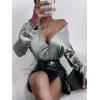 imageMakeMeChic Womens Satin Silk Long Sleeve Blouse Button Down Shirt Casual TopSilver