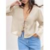 imageMakeMeChic Womens Tie Front Tops Bell Sleeve Y2k Deep V Neck Linen Shirt BlouseBeige