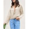 imageMakeMeChic Womens Tie Front Tops Bell Sleeve Y2k Deep V Neck Linen Shirt BlouseBeige