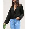 imageMakeMeChic Womens Tie Front Tops Bell Sleeve Y2k Deep V Neck Linen Shirt BlouseBlack