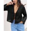 imageMakeMeChic Womens Tie Front Tops Bell Sleeve Y2k Deep V Neck Linen Shirt BlouseBlack