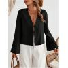 imageMakeMeChic Womens Tie Front Tops Bell Sleeve Y2k Deep V Neck Linen Shirt BlouseBlack B