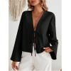 imageMakeMeChic Womens Tie Front Tops Bell Sleeve Y2k Deep V Neck Linen Shirt BlouseBlack B