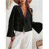 imageMakeMeChic Womens Tie Front Tops Bell Sleeve Y2k Deep V Neck Linen Shirt BlouseBlack B