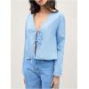 imageMakeMeChic Womens Tie Front Tops Bell Sleeve Y2k Deep V Neck Linen Shirt BlouseBlue