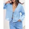 imageMakeMeChic Womens Tie Front Tops Bell Sleeve Y2k Deep V Neck Linen Shirt BlouseBlue