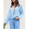 imageMakeMeChic Womens Tie Front Tops Bell Sleeve Y2k Deep V Neck Linen Shirt BlouseBlue