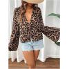 imageMakeMeChic Womens Tie Front Tops Bell Sleeve Y2k Deep V Neck Linen Shirt BlouseBrown Leopard Print