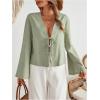 imageMakeMeChic Womens Tie Front Tops Bell Sleeve Y2k Deep V Neck Linen Shirt BlouseGreen