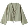 imageMakeMeChic Womens Tie Front Tops Bell Sleeve Y2k Deep V Neck Linen Shirt BlouseGreen