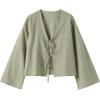 imageMakeMeChic Womens Tie Front Tops Bell Sleeve Y2k Deep V Neck Linen Shirt BlouseGreen