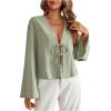 imageMakeMeChic Womens Tie Front Tops Bell Sleeve Y2k Deep V Neck Linen Shirt BlouseGreen