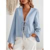 imageMakeMeChic Womens Tie Front Tops Bell Sleeve Y2k Deep V Neck Linen Shirt BlouseLight Blue B