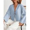 imageMakeMeChic Womens Tie Front Tops Bell Sleeve Y2k Deep V Neck Linen Shirt BlouseLight Blue B