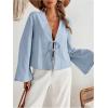 imageMakeMeChic Womens Tie Front Tops Bell Sleeve Y2k Deep V Neck Linen Shirt BlouseLight Blue B