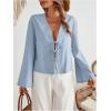 imageMakeMeChic Womens Tie Front Tops Bell Sleeve Y2k Deep V Neck Linen Shirt BlouseLight Blue B