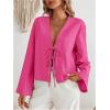 imageMakeMeChic Womens Tie Front Tops Bell Sleeve Y2k Deep V Neck Linen Shirt BlousePink B