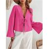 imageMakeMeChic Womens Tie Front Tops Bell Sleeve Y2k Deep V Neck Linen Shirt BlousePink B