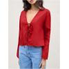 imageMakeMeChic Womens Tie Front Tops Bell Sleeve Y2k Deep V Neck Linen Shirt BlouseRed