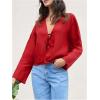 imageMakeMeChic Womens Tie Front Tops Bell Sleeve Y2k Deep V Neck Linen Shirt BlouseRed