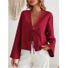 imageMakeMeChic Womens Tie Front Tops Bell Sleeve Y2k Deep V Neck Linen Shirt BlouseRed B