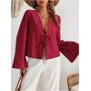 imageMakeMeChic Womens Tie Front Tops Bell Sleeve Y2k Deep V Neck Linen Shirt BlouseRed B