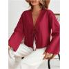 imageMakeMeChic Womens Tie Front Tops Bell Sleeve Y2k Deep V Neck Linen Shirt BlouseRed B