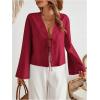 imageMakeMeChic Womens Tie Front Tops Bell Sleeve Y2k Deep V Neck Linen Shirt BlouseRed B