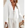 imageMakeMeChic Womens Tie Front Tops Bell Sleeve Y2k Deep V Neck Linen Shirt BlouseWhite B