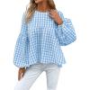 imageMakeMeChic Womens Casual Gingham Print Peplum Blouse Lantern Sleeve Round Neck Shirt TopsBlue and White
