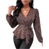 imageMakeMeChic Womens Casual Polka Dots Lantern Sleeve Belted Blouse Wrap V Neck Peplum Shirt TopDusty Pink