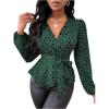 imageMakeMeChic Womens Casual Polka Dots Lantern Sleeve Belted Blouse Wrap V Neck Peplum Shirt TopGreen