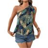imageMakeMeChic Womens One Shoulder Blouse Top Tropical Print Tie Side Boho Sleeveless Summer ShirtsMulticolor