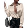 imageMakeMeChic Womens Satin Silk Long Sleeve Blouse Button Down Shirt Casual TopBeige a