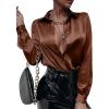 imageMakeMeChic Womens Satin Silk Long Sleeve Blouse Button Down Shirt Casual TopBrown