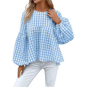 imageMakeMeChic Womens Casual Gingham Print Peplum Blouse Lantern Sleeve Round Neck Shirt TopsBlue and White