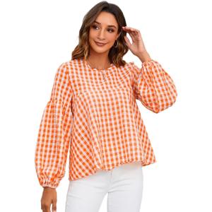 imageMakeMeChic Womens Casual Gingham Print Peplum Blouse Lantern Sleeve Round Neck Shirt TopsOrange and White