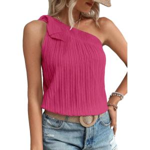 imageMakeMeChic Womens Casual Knot One Shoulder Sleeveless Solid Blouse Summer TopsHot Pink