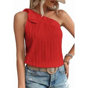 imageMakeMeChic Womens Casual Knot One Shoulder Sleeveless Solid Blouse Summer TopsRed