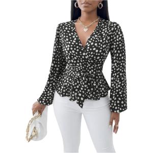 imageMakeMeChic Womens Casual Polka Dots Lantern Sleeve Belted Blouse Wrap V Neck Peplum Shirt TopBlack and White
