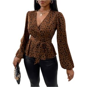 imageMakeMeChic Womens Casual Polka Dots Lantern Sleeve Belted Blouse Wrap V Neck Peplum Shirt TopBrown