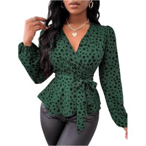 imageMakeMeChic Womens Casual Polka Dots Lantern Sleeve Belted Blouse Wrap V Neck Peplum Shirt TopGreen