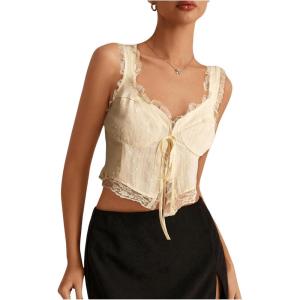 imageMakeMeChic Womens Floral Lace Camisole Tops Sleeveless Tie Front Wide Strap Crop Tank TopApricot