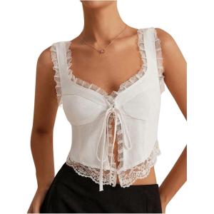 imageMakeMeChic Womens Floral Lace Camisole Tops Sleeveless Tie Front Wide Strap Crop Tank TopWhite