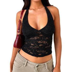 imageMakeMeChic Womens Halter Tops Mesh Lace Sexy Cute Summer Crop Tank TopBlack