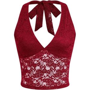 imageMakeMeChic Womens Halter Tops Mesh Lace Sexy Cute Summer Crop Tank TopBurgundy