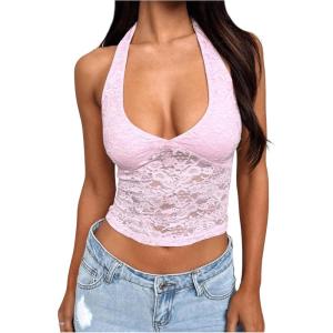 imageMakeMeChic Womens Halter Tops Mesh Lace Sexy Cute Summer Crop Tank TopPink